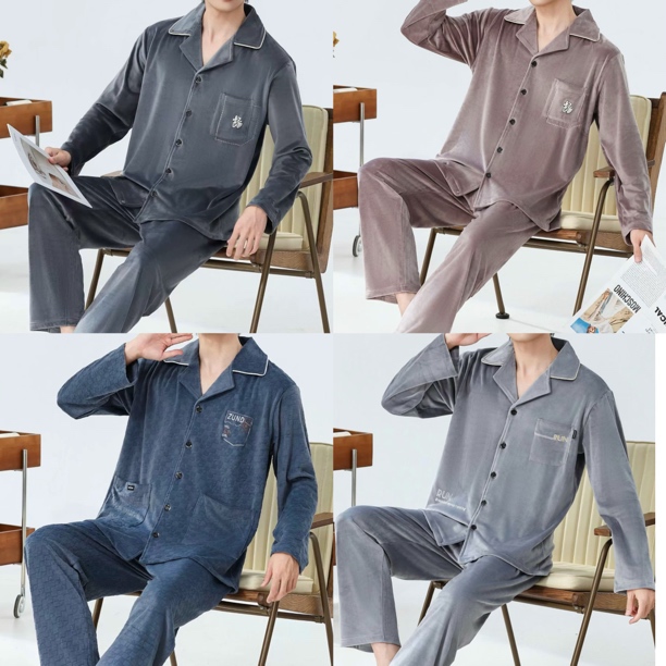 秋冬新款男士海岛绒家居服休闲长袖套装翻领家居服加绒睡衣秋冬季