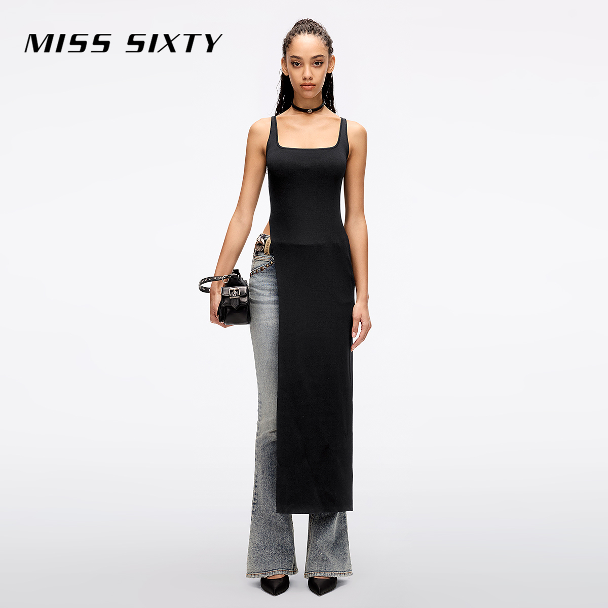 Miss Sixty2025夏季新款针织背心连衣裙女翻领无袖高开叉小黑裙