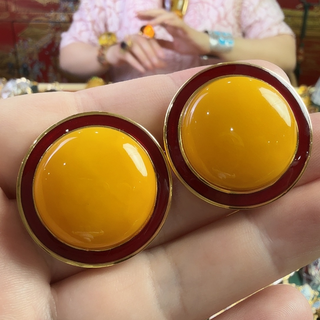 蜜蜡银S925镀金镶嵌耳钉