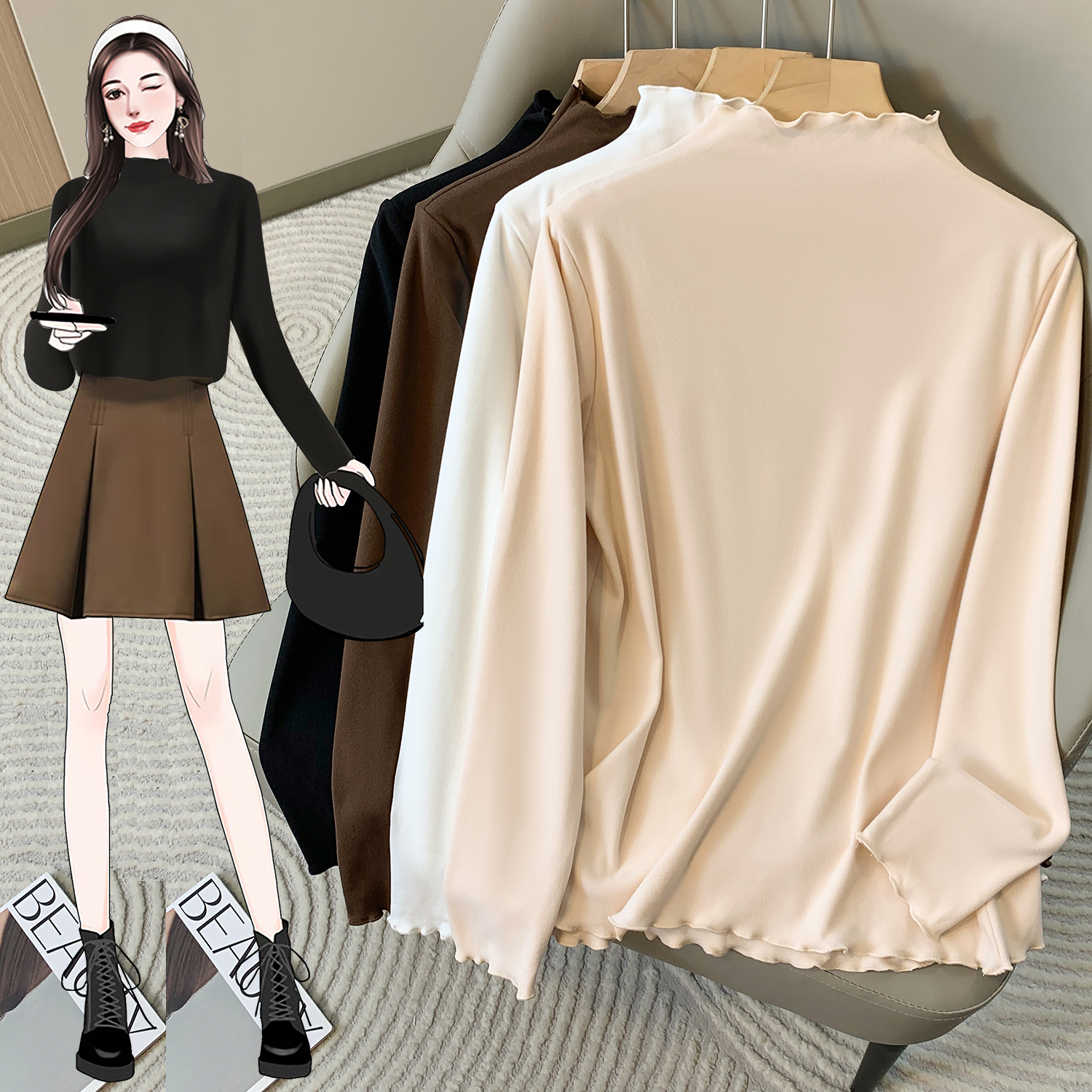 哺乳服外穿半高领德绒打底衫女秋冬洋气内搭保暖长袖木耳边上衣