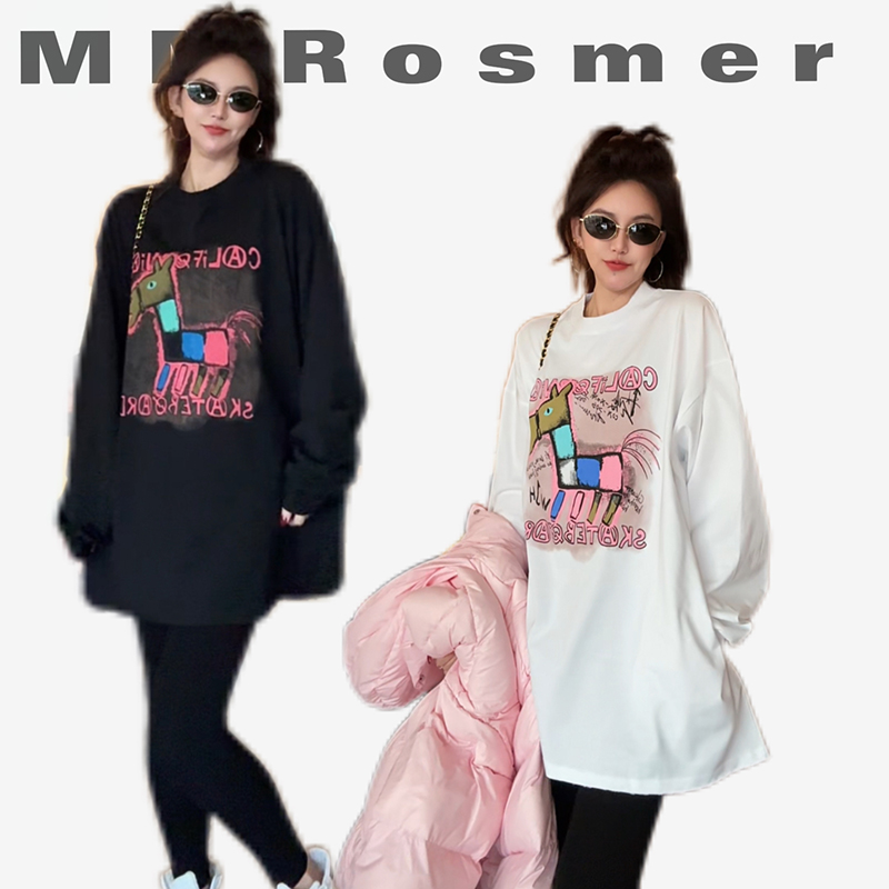 春装新款时尚韩版长袖圆领小马卫衣女中长款宽松显瘦百搭打底上衣