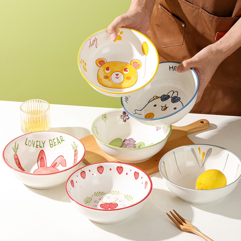 6个装卡通7英寸面碗釉下彩餐具家用可爱碗