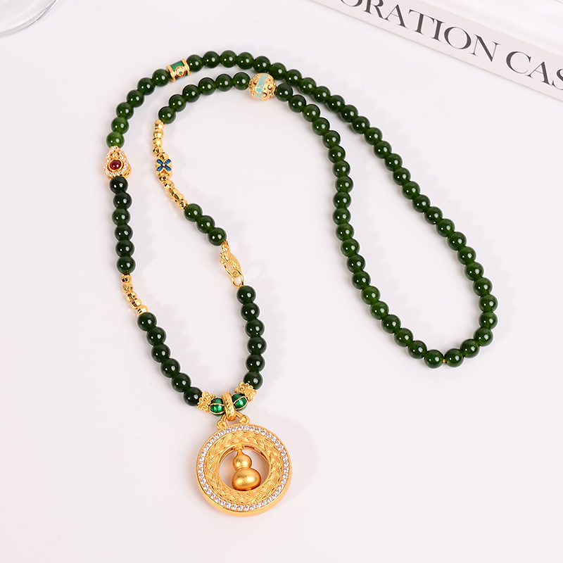 铜合金项链 新中式可转动葫芦项链女原创设计绿色串珠衣服配饰品