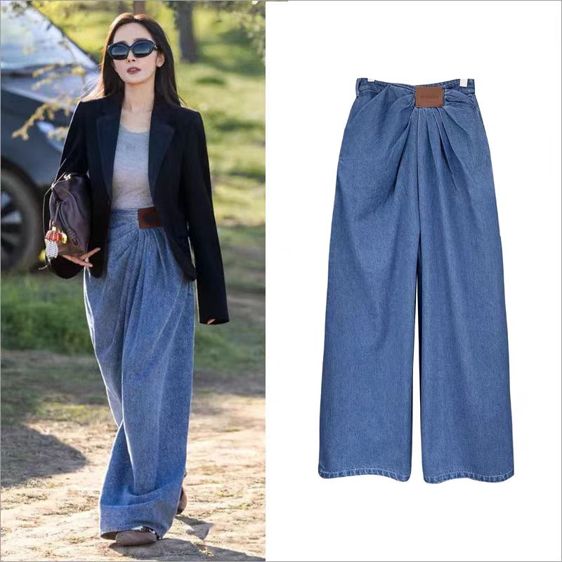 杨幂同款美式高腰阔腿女早春2025新款设计感宽松垂感拖地裤