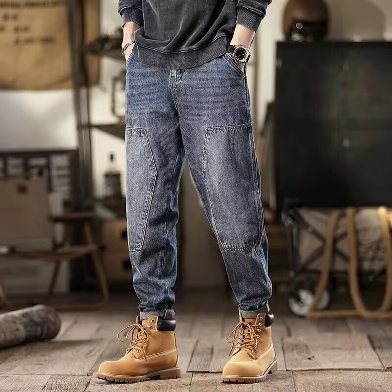 秋冬新款宽松工装多口袋牛仔裤男美式重磅潮牌复古拼接哈伦直筒裤