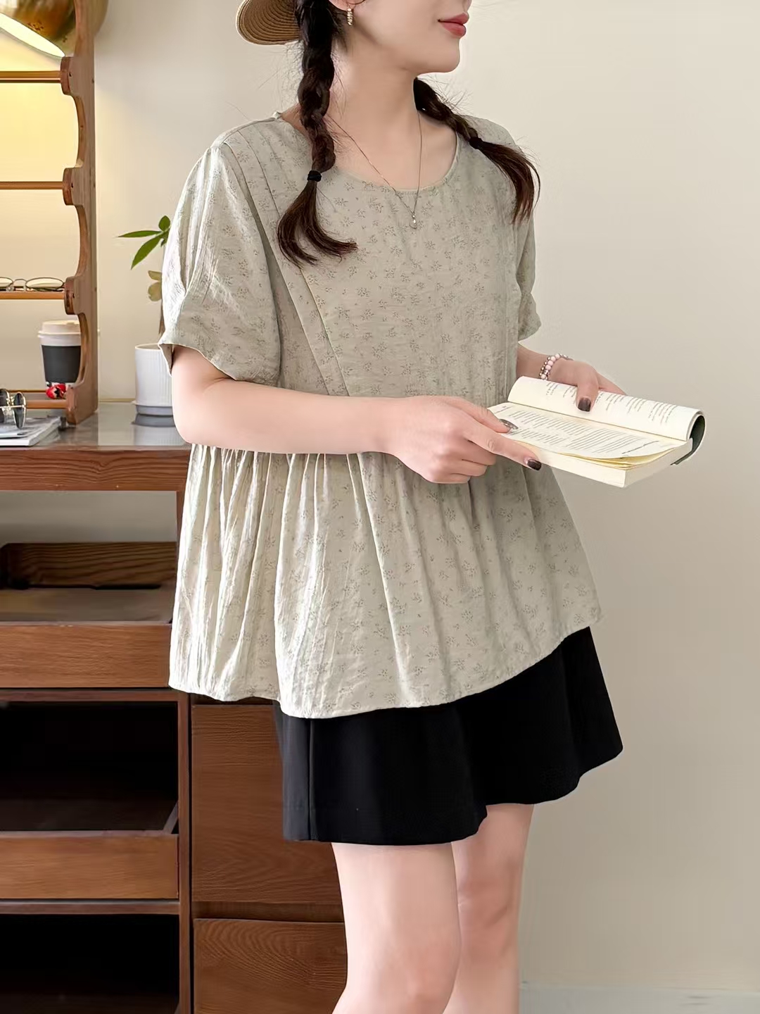 9628韩系泡泡袖圆领衬衫宽松娃娃衫短袖上衣