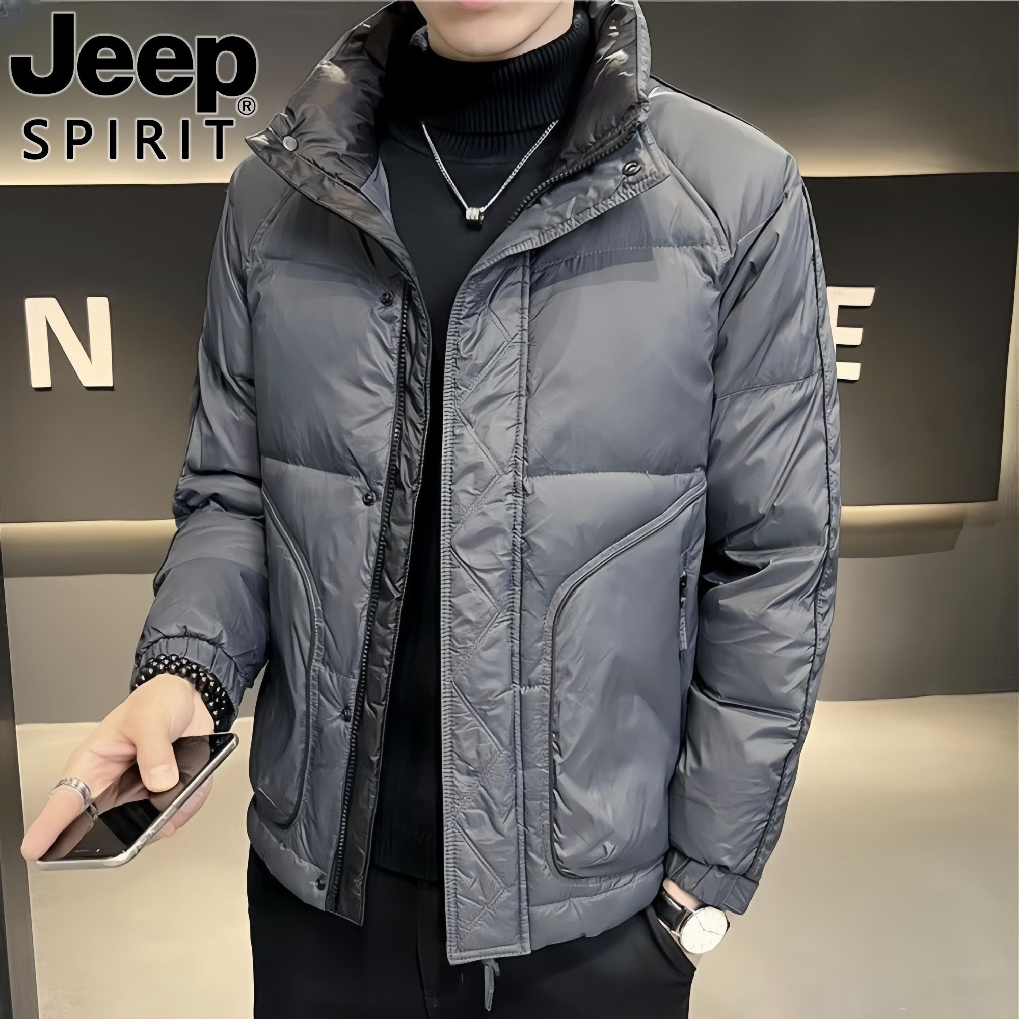 Jeep吉普加厚羽绒服男士时尚商务短款外套秋冬季新款翻领工装夹克