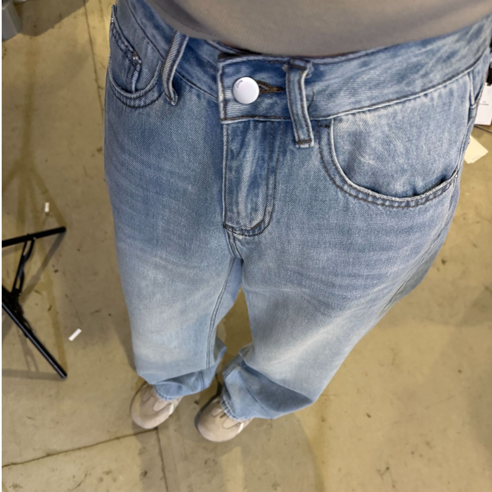 YOYO自制洗水做旧直筒牛仔裤女夏季宽松中低腰垂感拖地阔腿长裤子