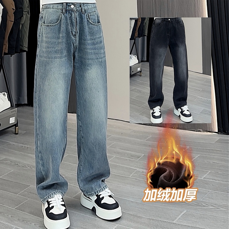 秋冬加绒加厚复古撞色牛仔裤男士简约时尚百搭宽松阔腿直筒休闲裤
