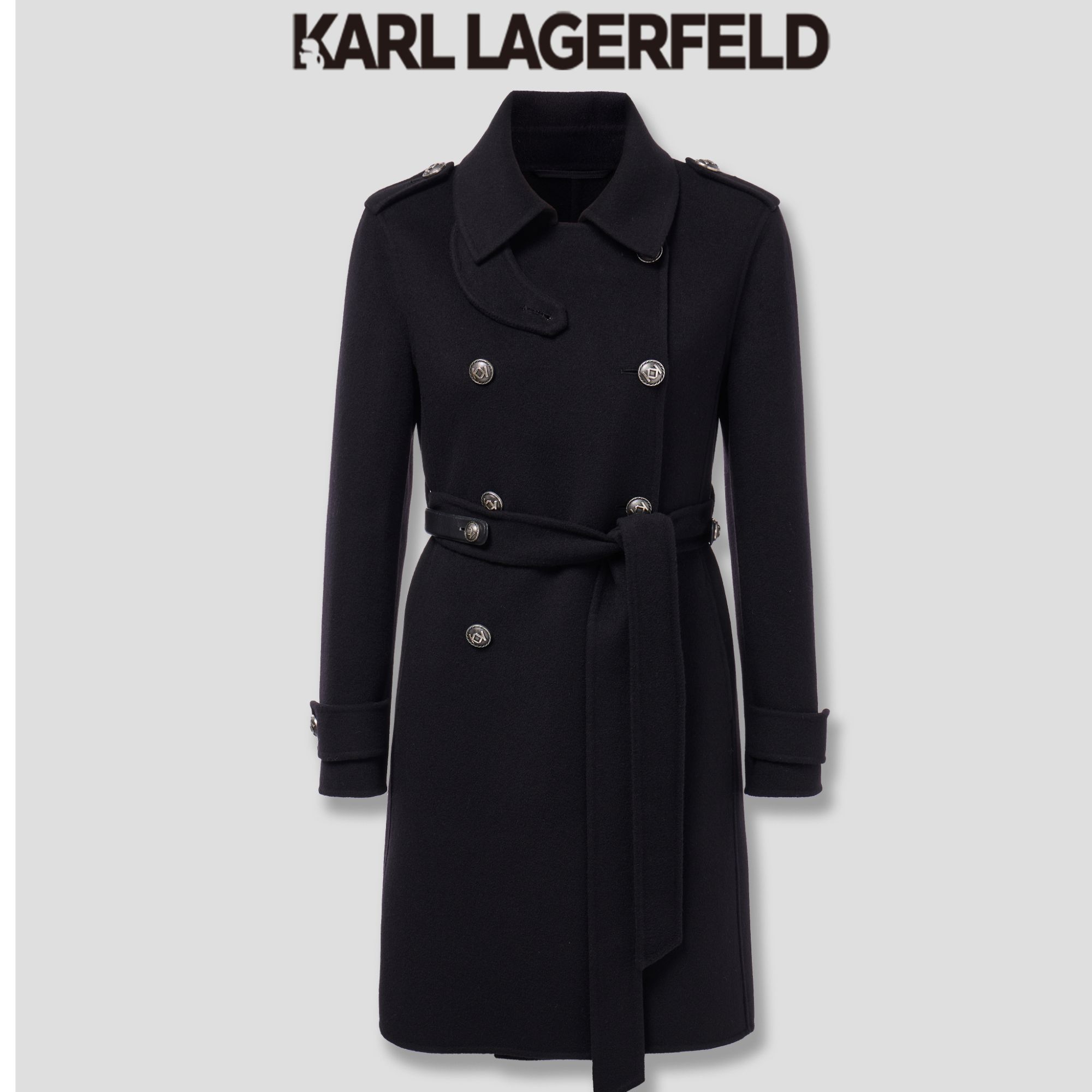 【官方】KARL LAGERFELD 2025新款黑色双排扣肩章羊毛大衣M27E2932