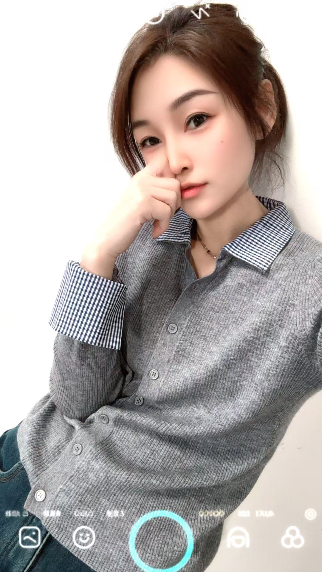 256381百搭显瘦灰色假两件衬衫袖针织纽扣polo领开衫