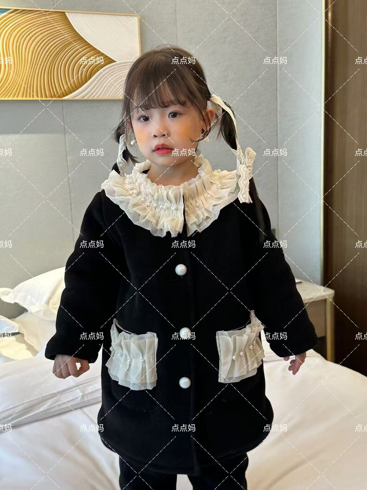 DDM可外穿保暖加绒加厚蕾丝女孩儿童家居服睡衣套装9636