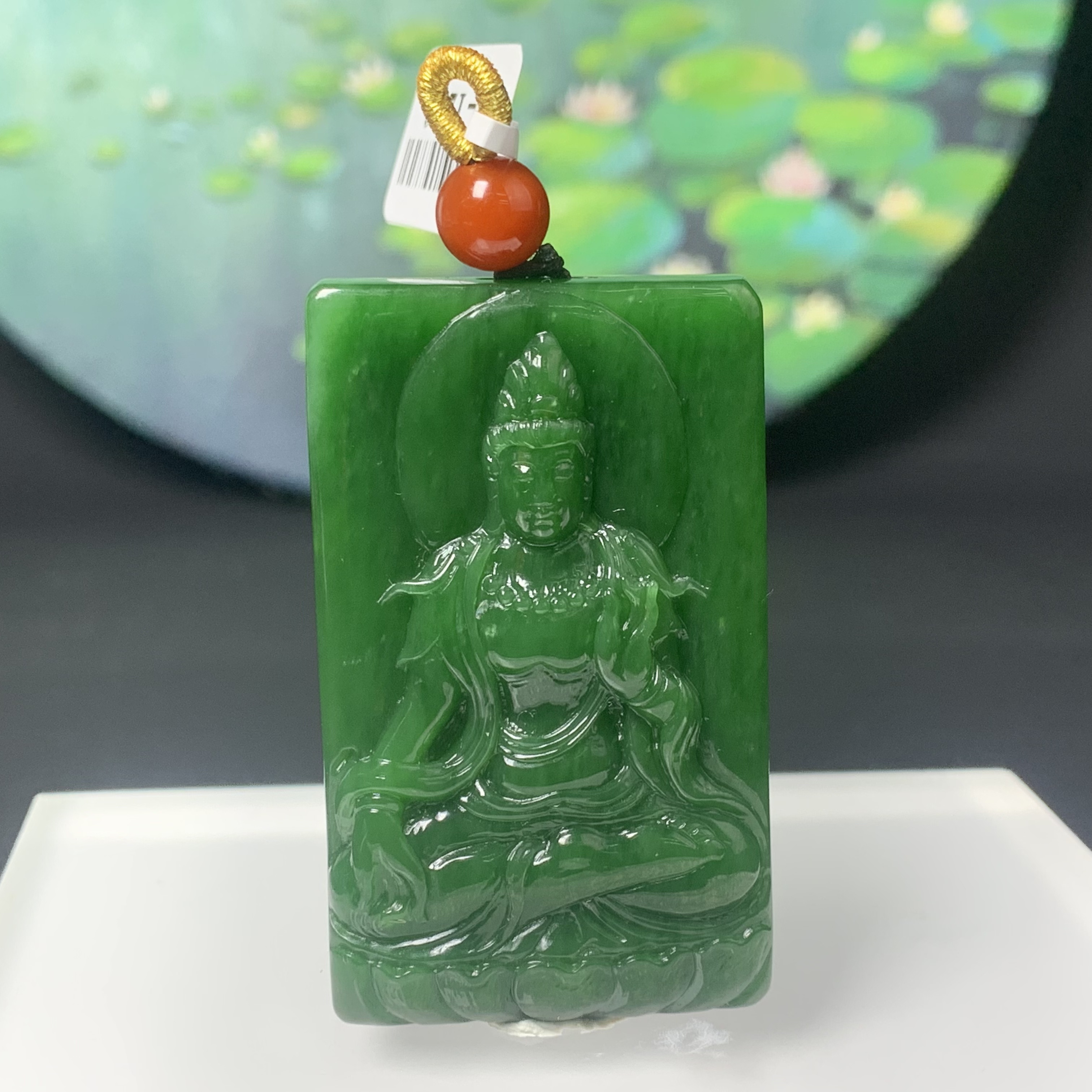 H014 和田玉碧玉七坑辣绿满色观音吊坠