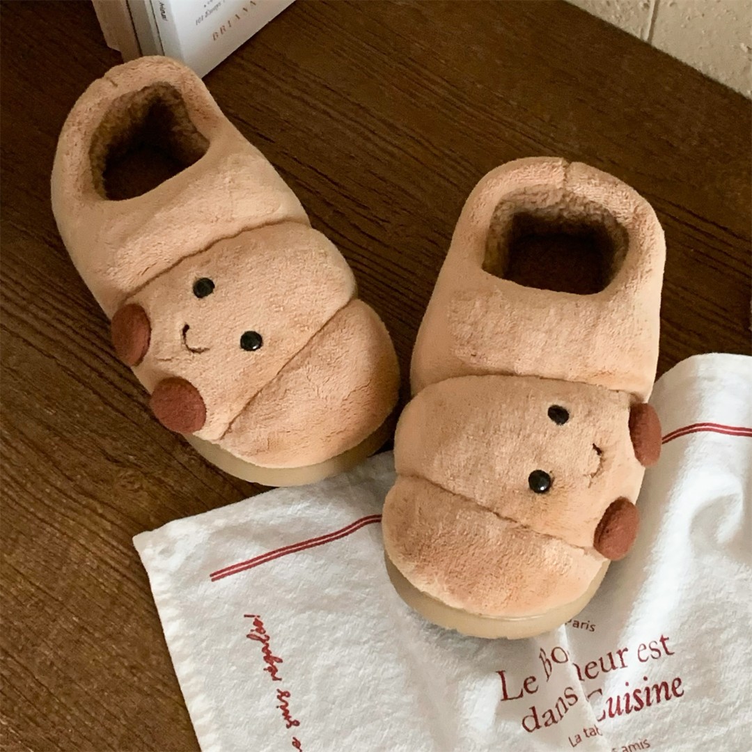 细细条 冬季情侣可颂面包居家毛毛鞋防滑男女学生休闲包跟棉拖鞋