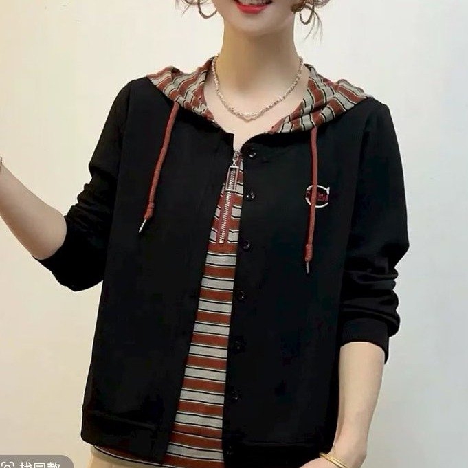 #1560长袖连帽条纹时尚秋季上衣短款卫衣抽绳秋装少女风