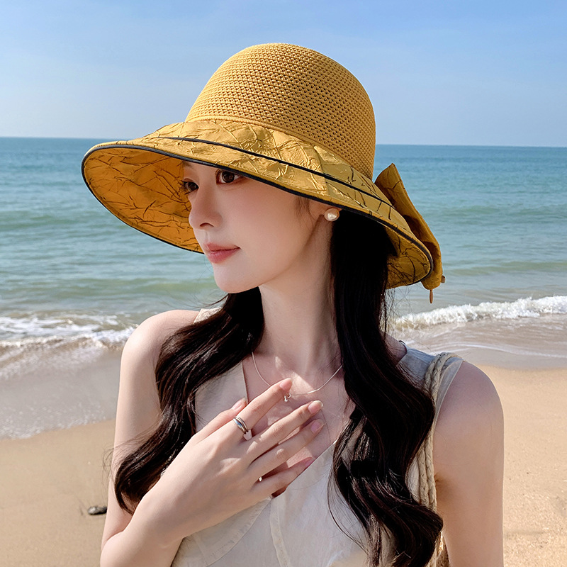 新款遮阳帽女夏季蝴蝶结镂空草帽布袋大檐遮脸防晒太阳渔夫帽帽子