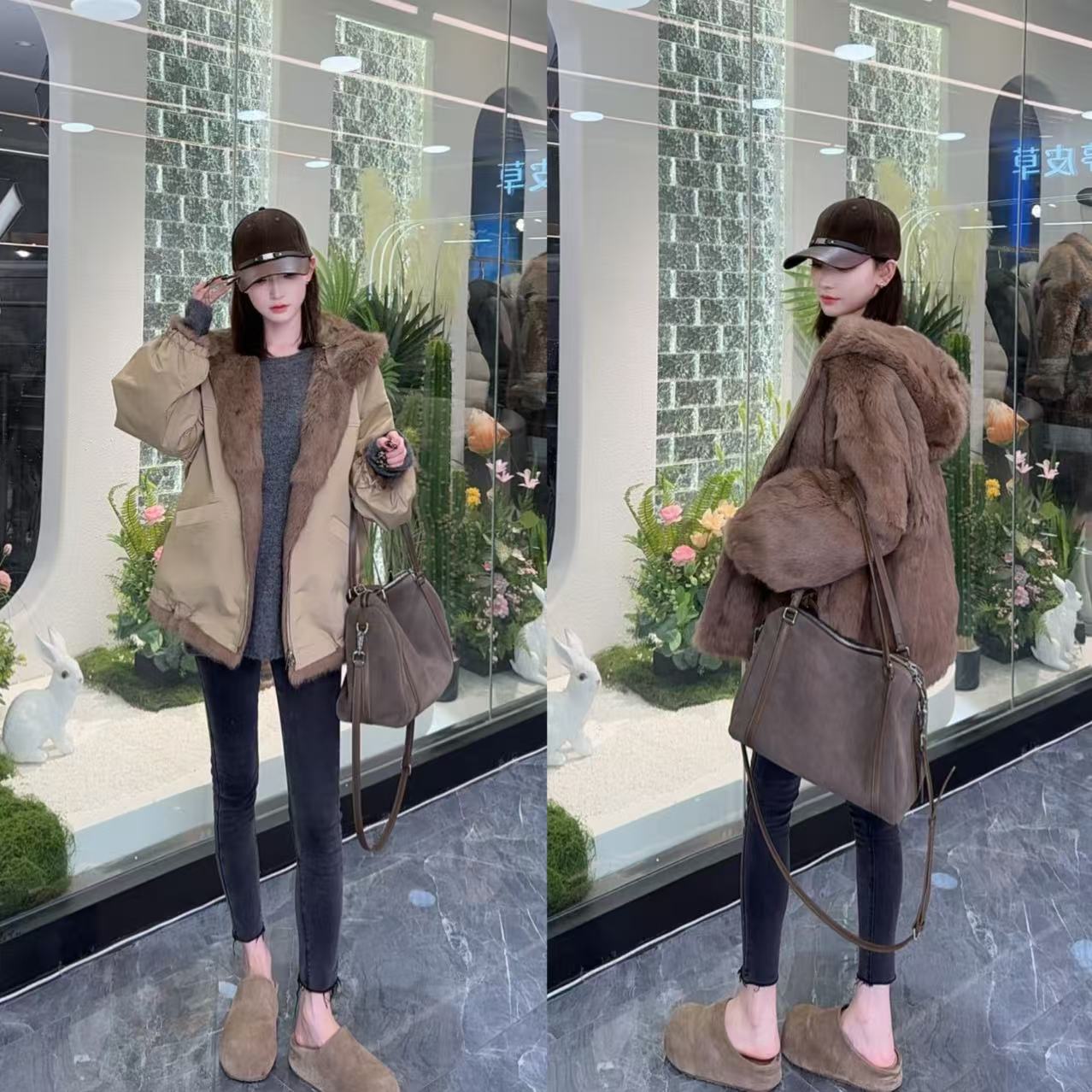 【小兔兔】2025连帽双面穿派克兔毛女士外套YC618