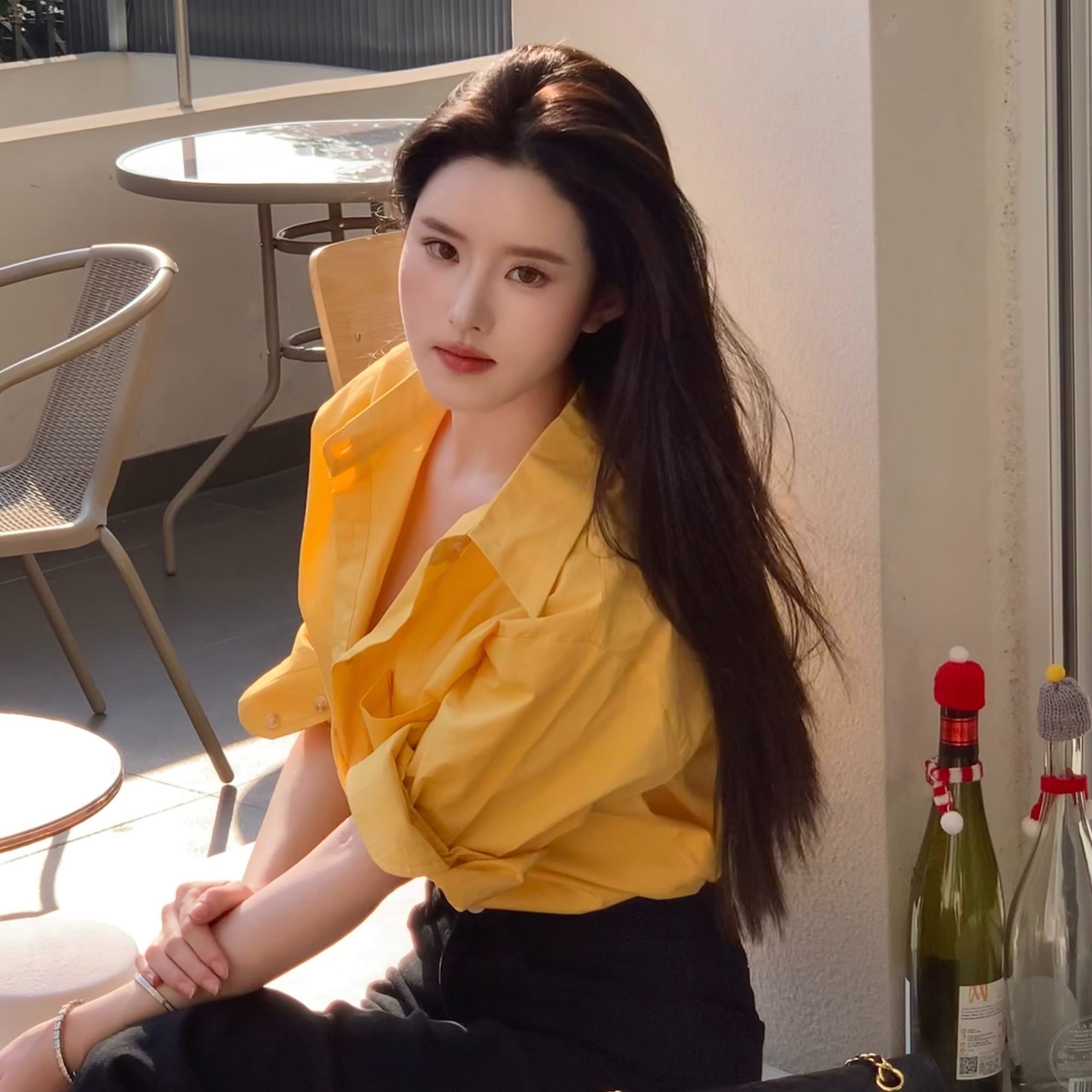 春季韩系穿搭衬衫纯棉黄色正肩衬衣独特超好看外套长袖上衣女百搭