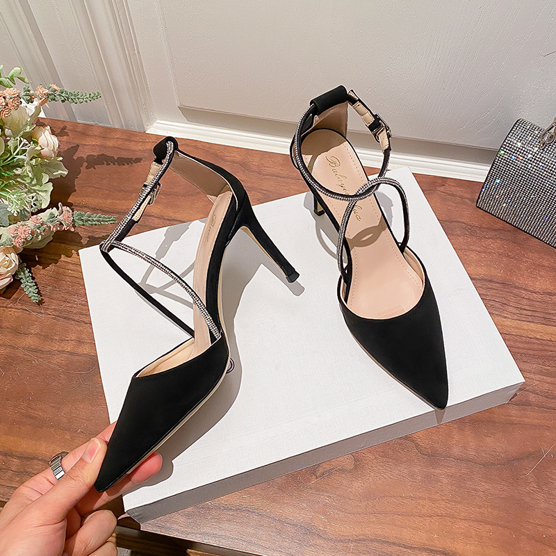 名媛舒适尖头中空包头凉鞋黑色性感细跟高跟鞋女气质单鞋2025年夏