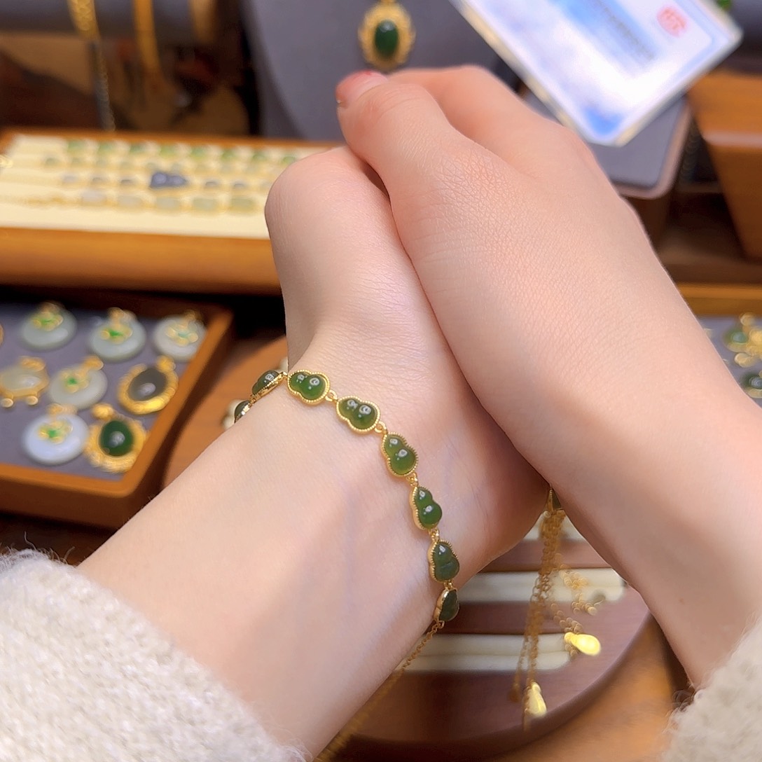 和田玉手链银S925镀金镶嵌