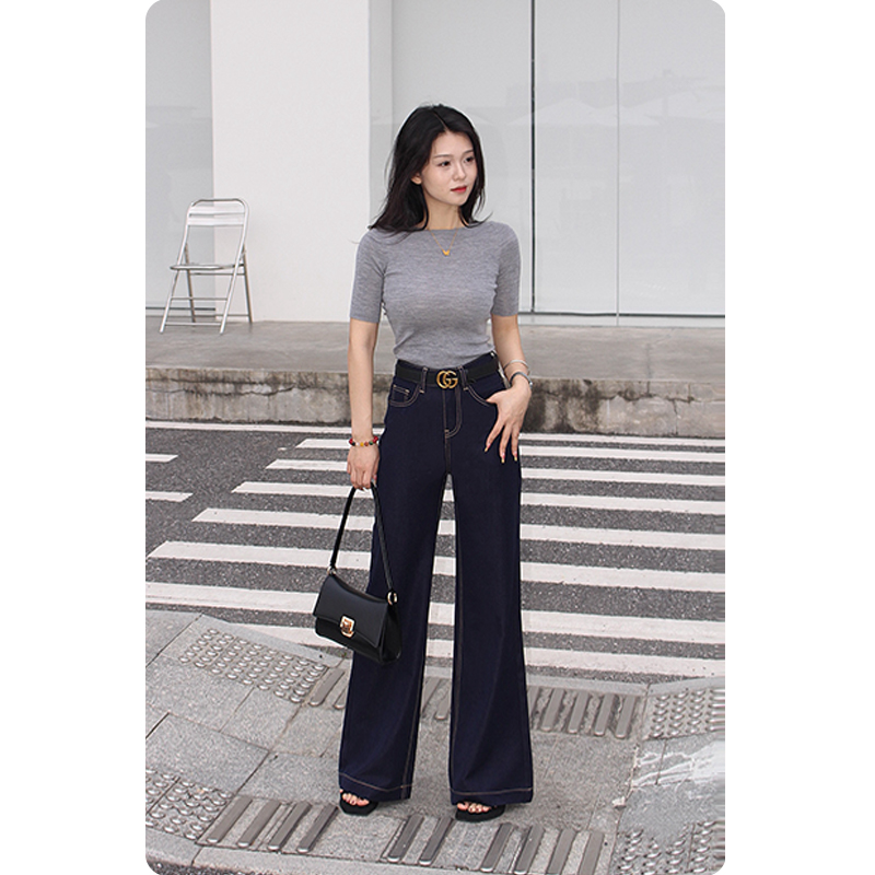 GGC·蓝佳人·夏季薄款原生色丹宁蓝阔腿牛仔裤女直筒宽松微喇裤