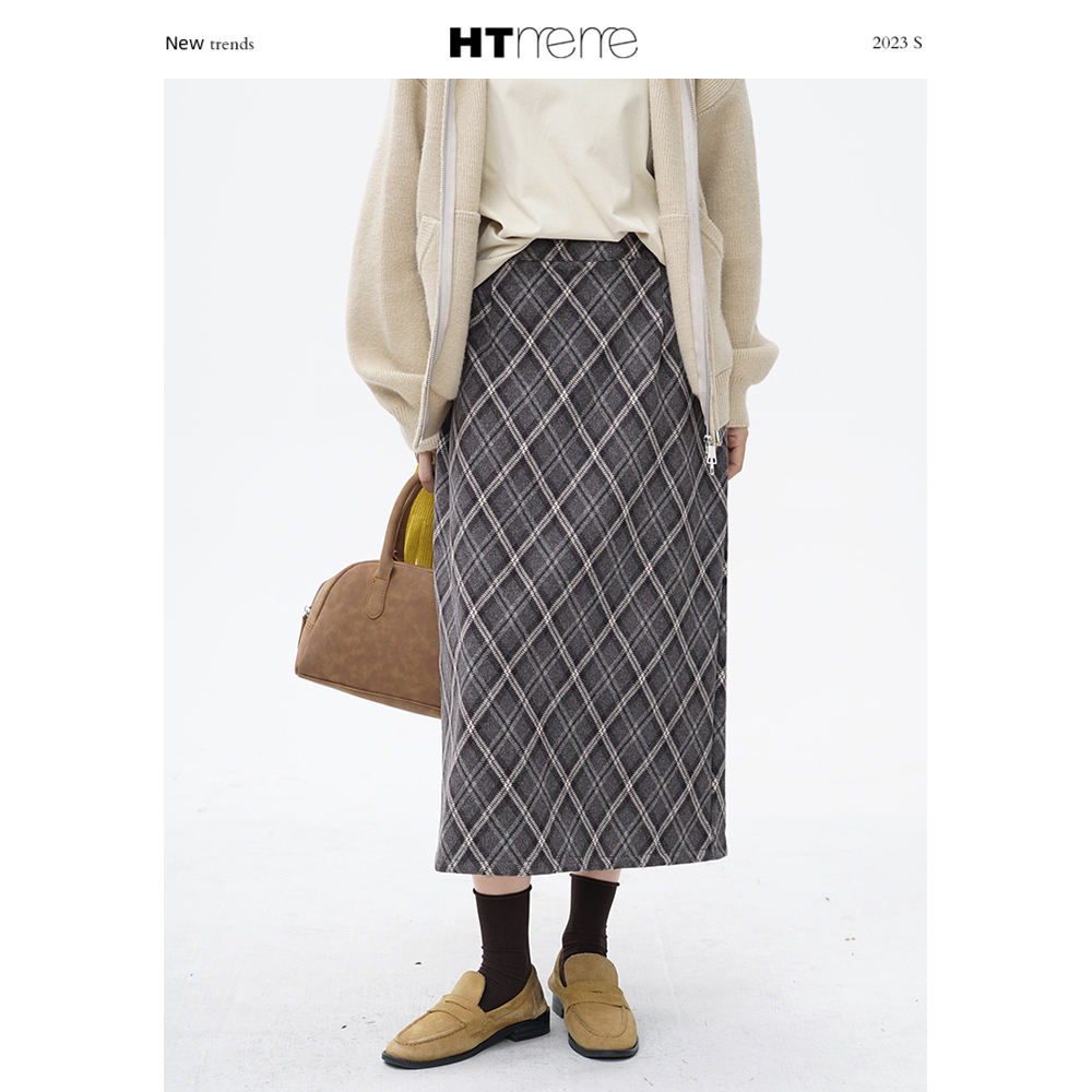 （清货）复古毛呢菱格半身裙女冬加厚高腰中长裙8862