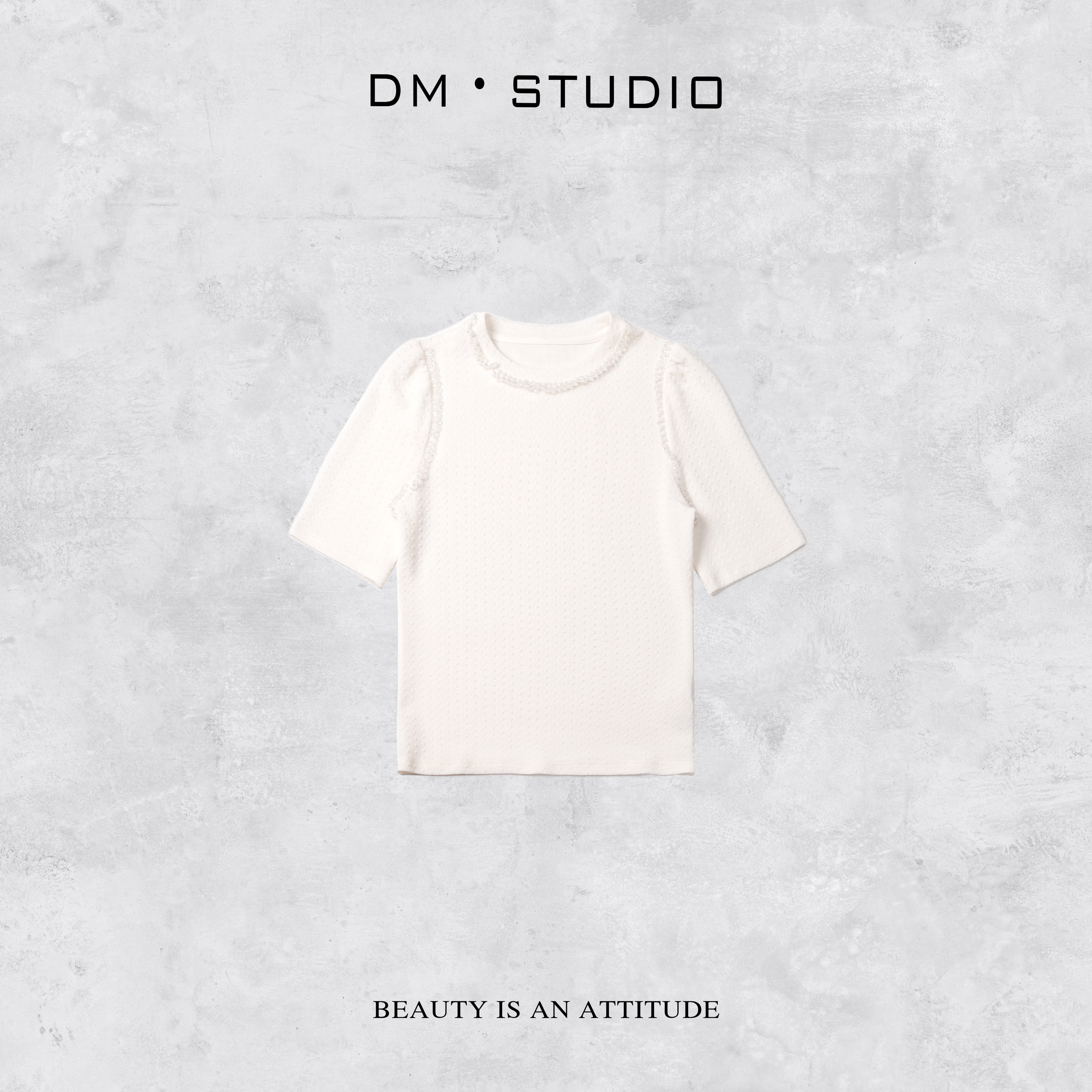 DEDM-DM•STUDIO/极简小众显瘦修身串珠圆领短袖T恤上衣（2A3T2555）