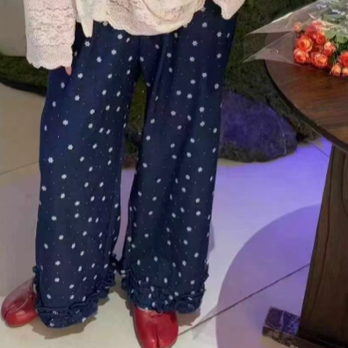 波点花边设计直筒阔腿女裤秋季小个子牛仔八分九分休闲裤