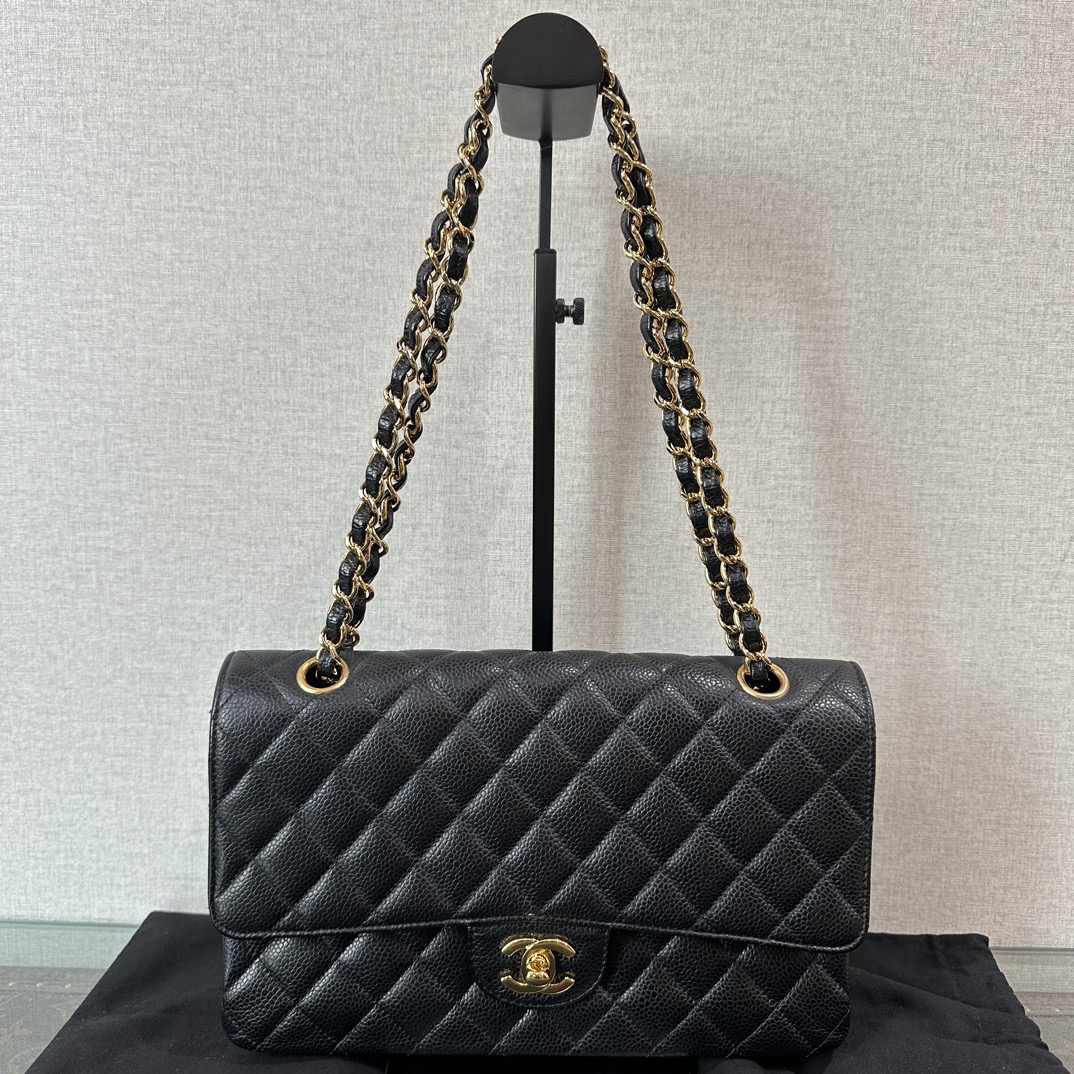 95新 Chanel/香奈儿 黑金荔枝牛皮cf中号单肩斜挎链条包 51300