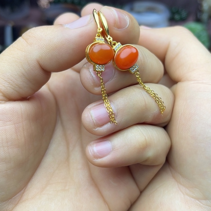 南红玛瑙耳饰银S925镀金镶嵌