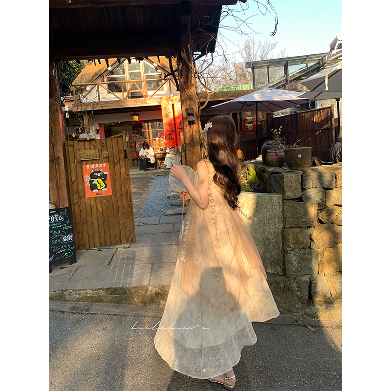 李李【春日宴】蝴蝶蕾丝吊带新中式水墨晕染连衣裙DRC050