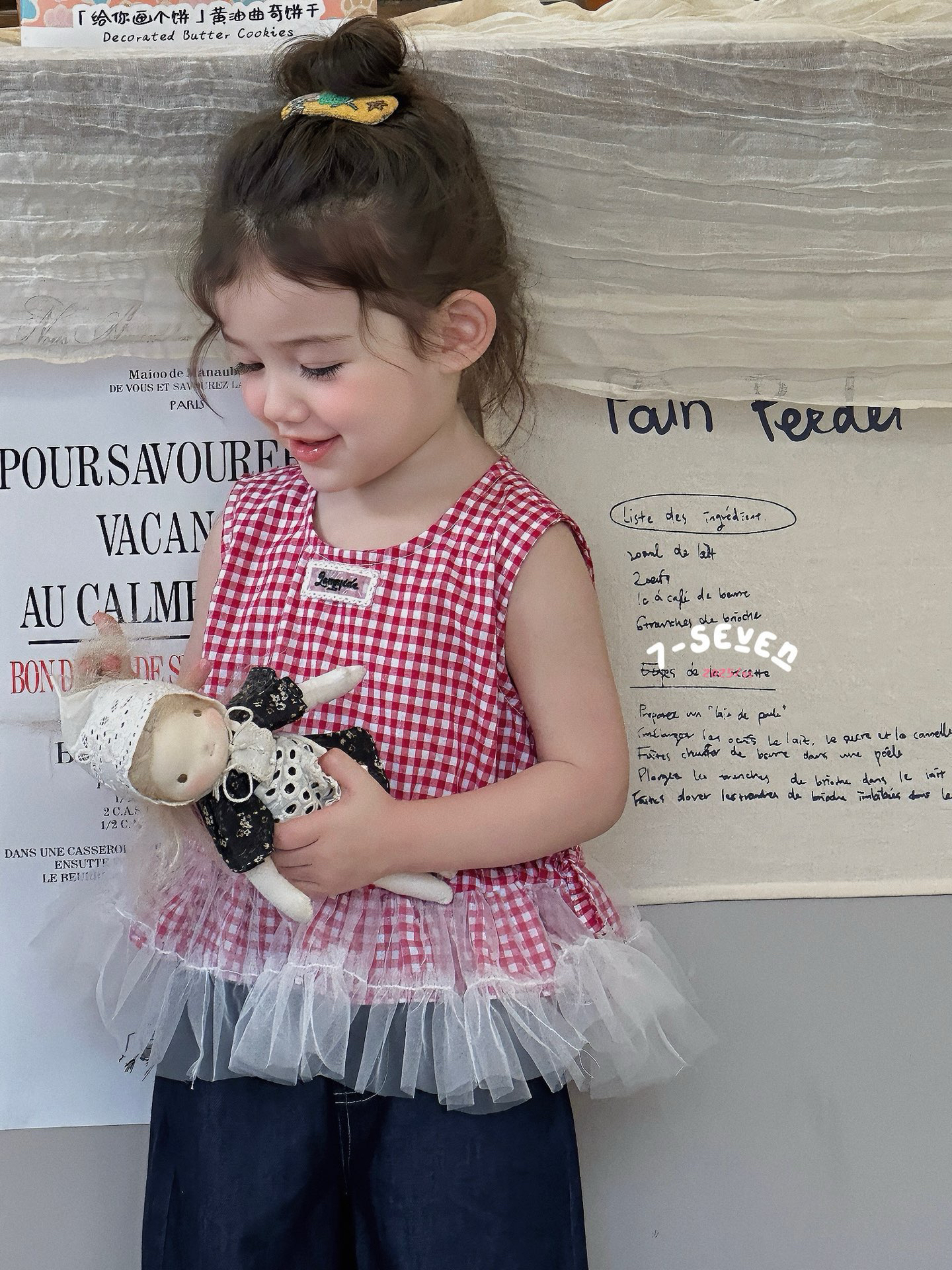 7seven正版夏季童装女宝宝背心红格子无袖娃娃衫