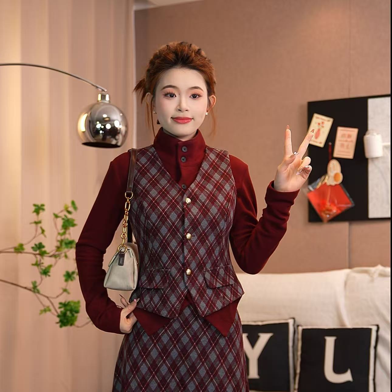 玉姐-2026新年新款红色格纹休闲风毛呢慵懒风时尚百搭套装