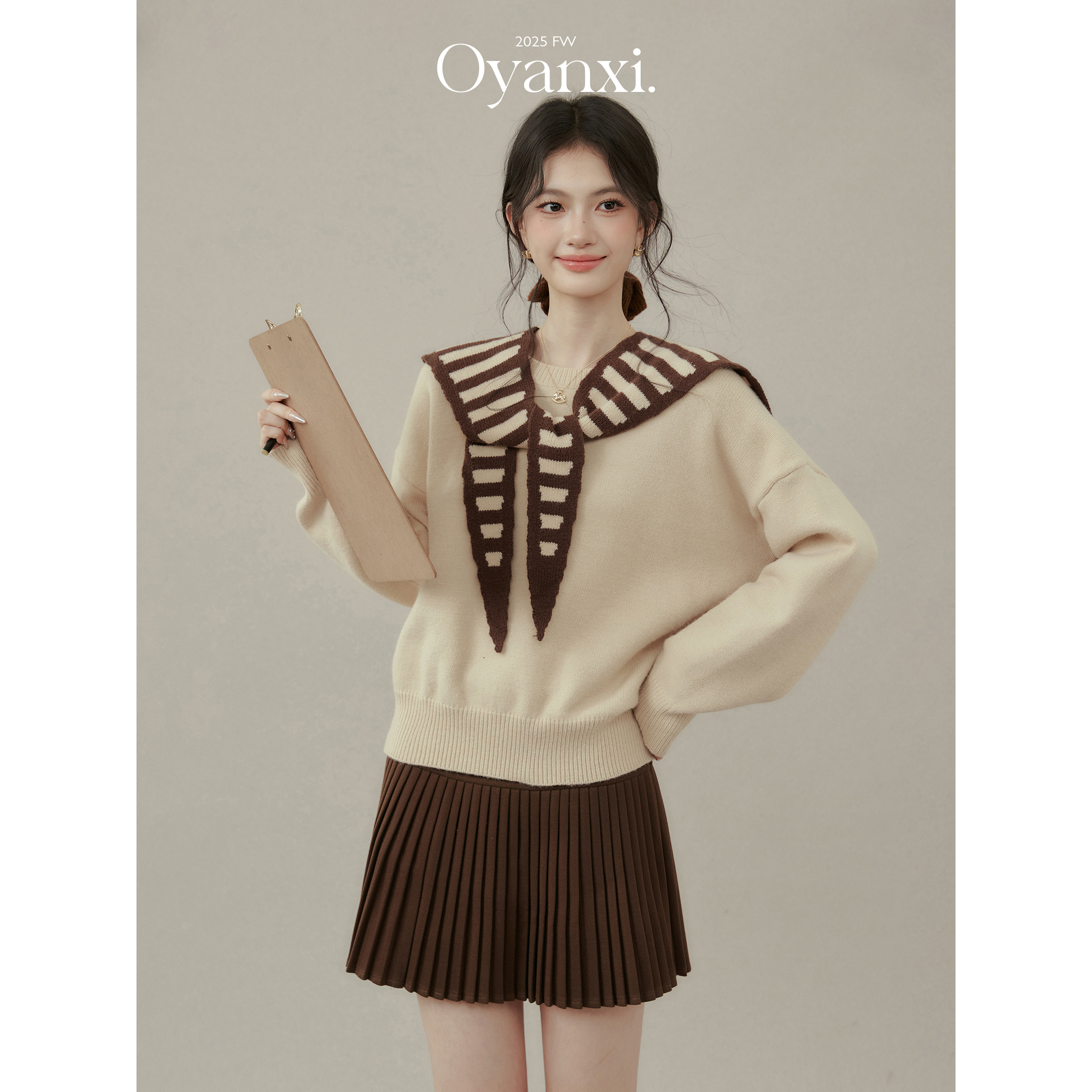 欧阳喜【韩量百分百】秋冬假两件条纹拼接学院风毛衣女设计感上衣