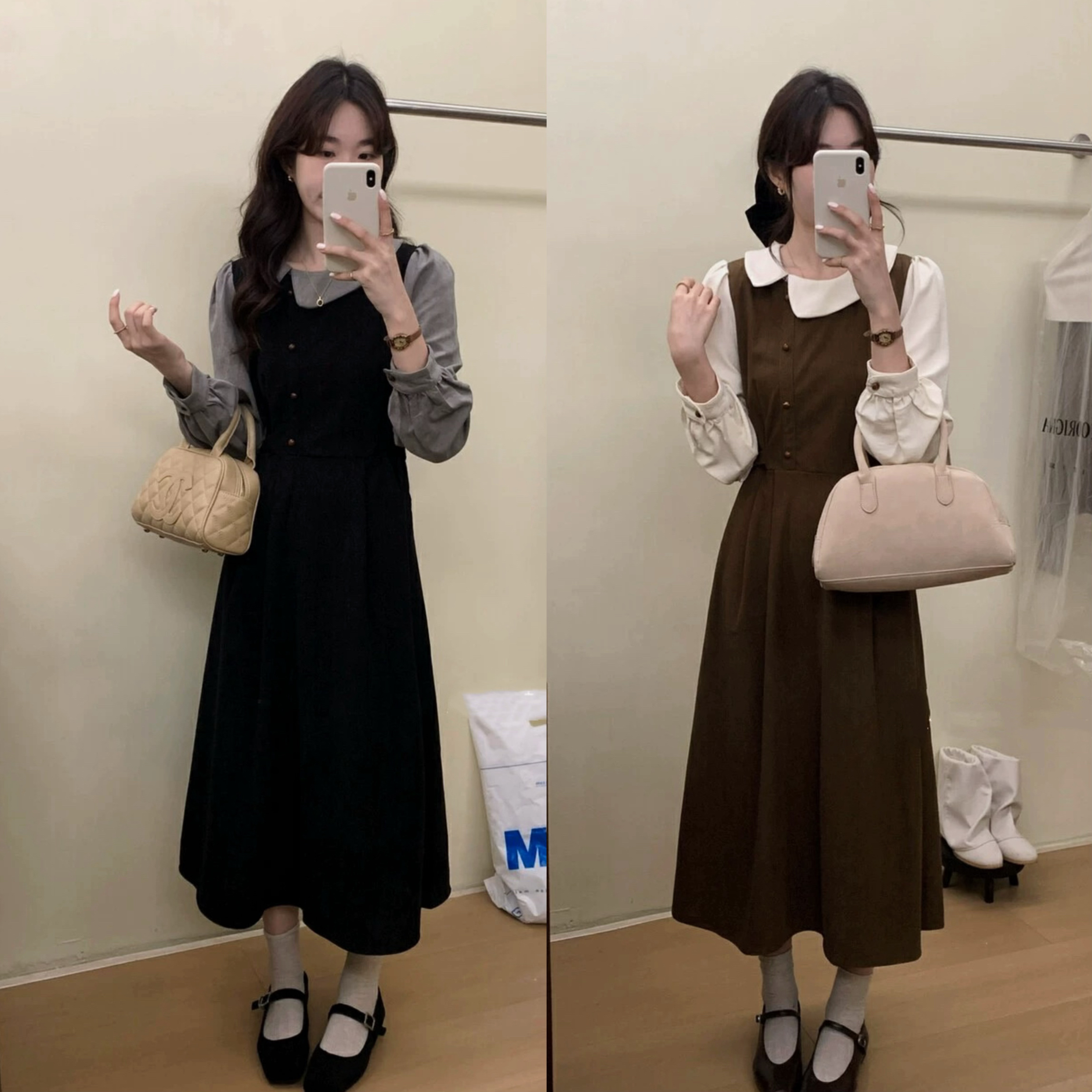 大码女装胖mm法式娃娃领假两件拼接长袖连衣裙2025显瘦长裙子1