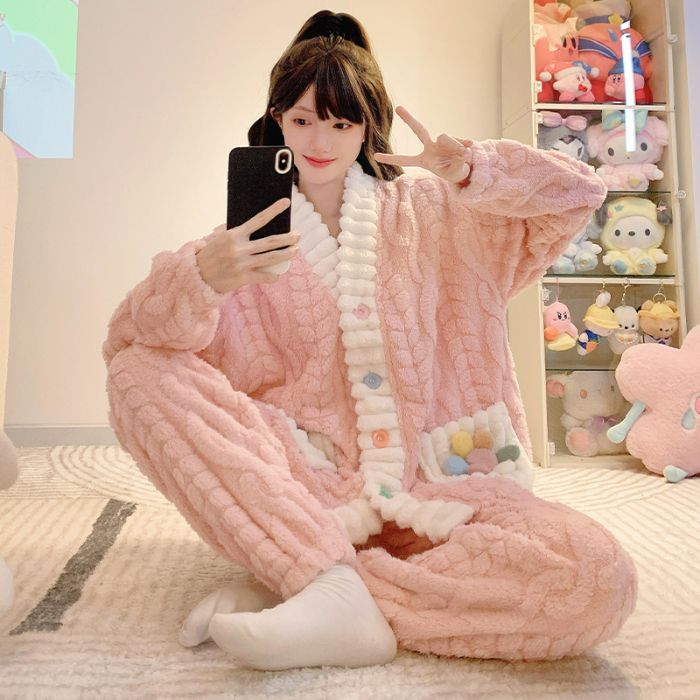厚绒睡衣女秋冬季甜美公主风开衫加肥大码230斤家居服