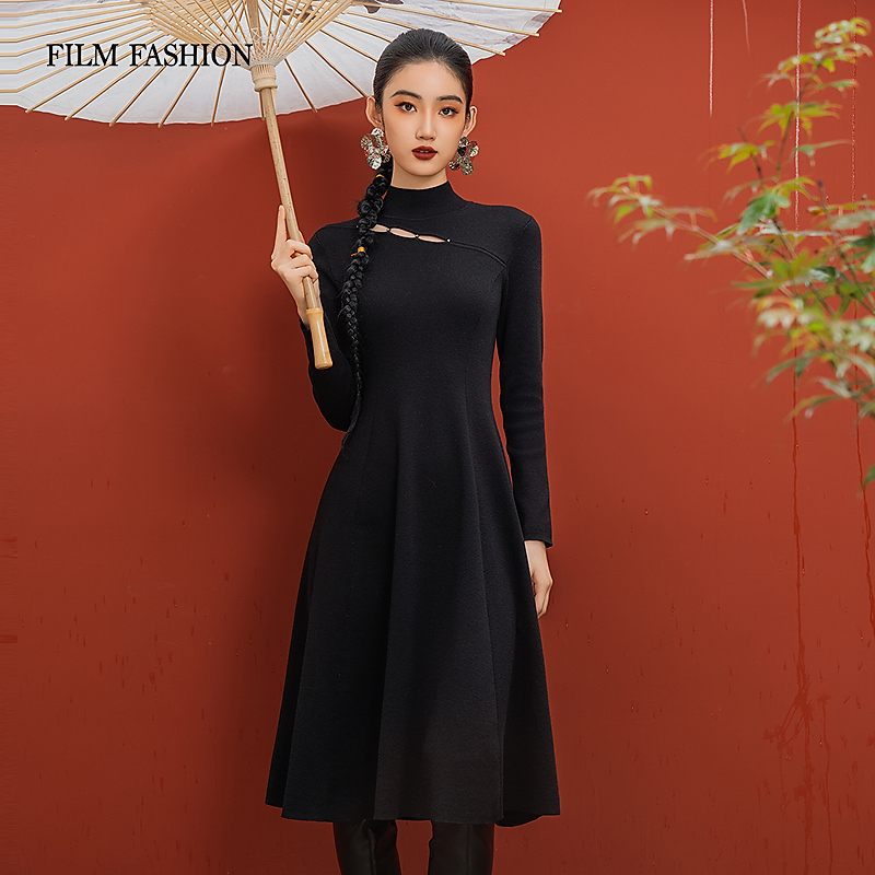 【珊珊专属】冬季新款镂空毛织针织新中式连衣裙女士 FFOL142007