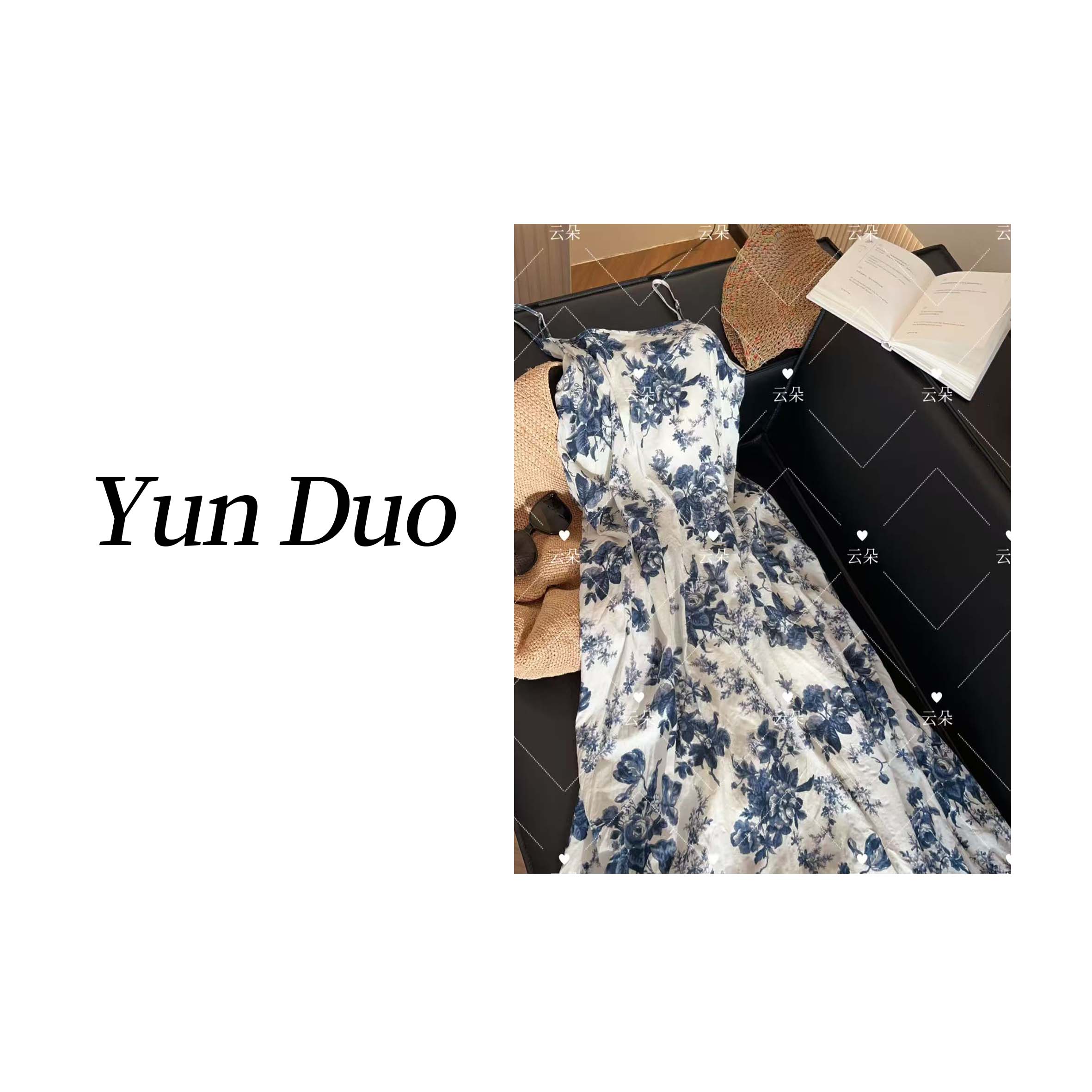 云朵定制【蓝晒诗集】法式温柔风青花瓷花朵吊带裙LC69