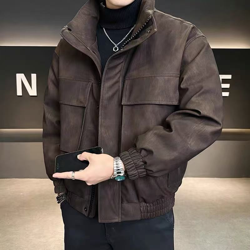 冬季免洗立领复古水洗皮质美式工装风羽绒服加厚保暖防风外套