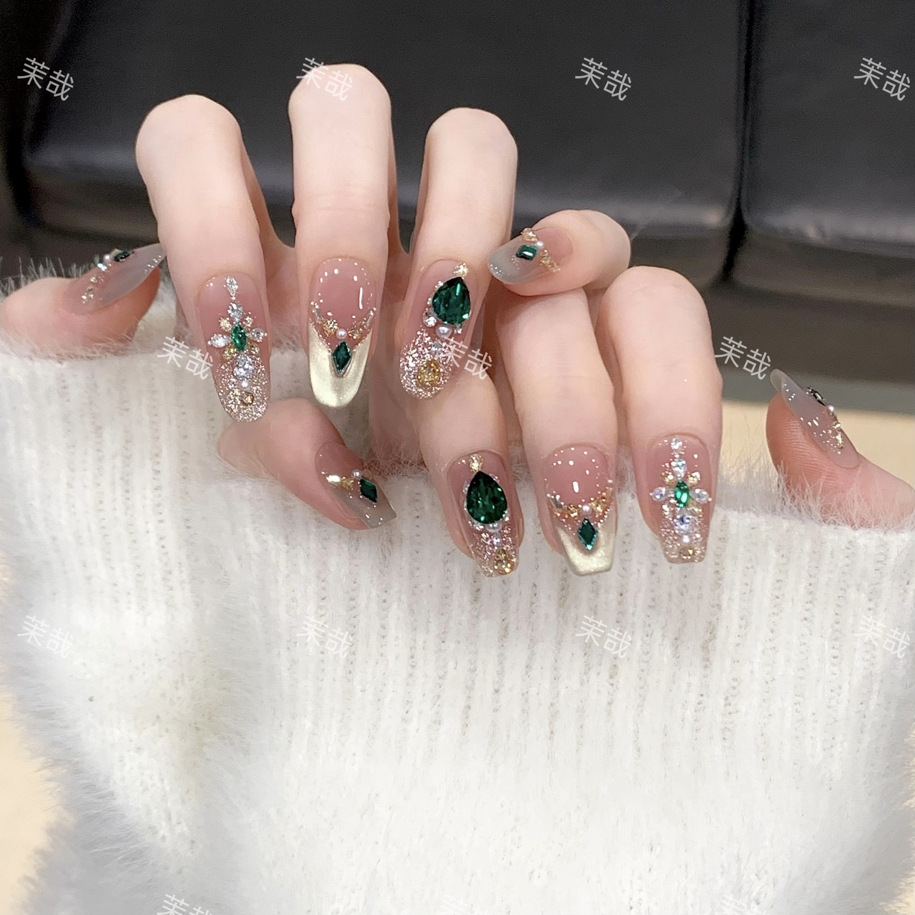 茉哉【祖母翡翠】纯手工定制美甲拆卸穿戴甲A4104