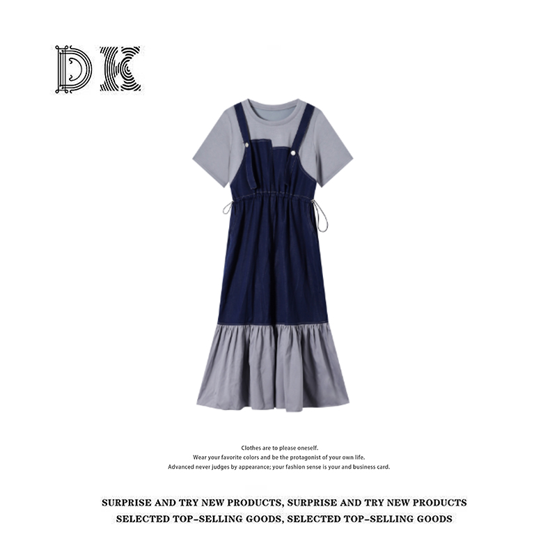 DK 2025女装 夏季设计感拼接牛仔背带假两件收腰连衣裙 56223