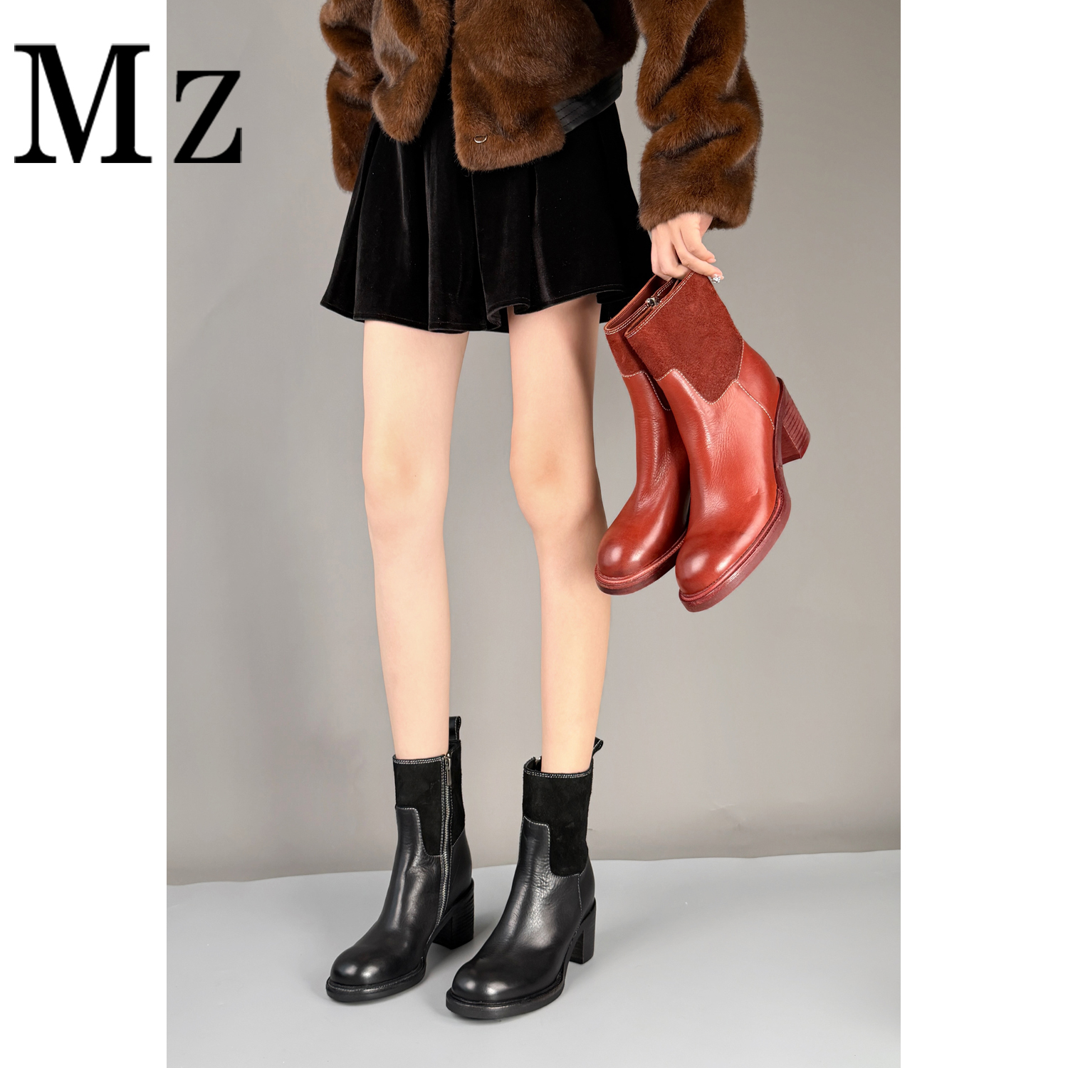  Mr.Zheng/7cm/水洗牛皮/头层牛皮短靴真皮粗跟高跟秋冬短靴女靴