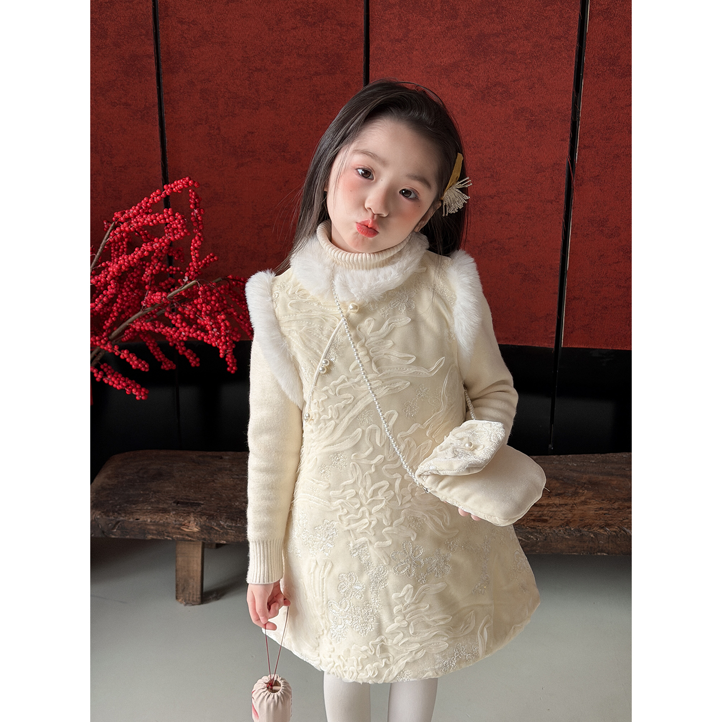 Harper kids 韩版女童秋冬高级感新中式背心裙配包包 H25D061133