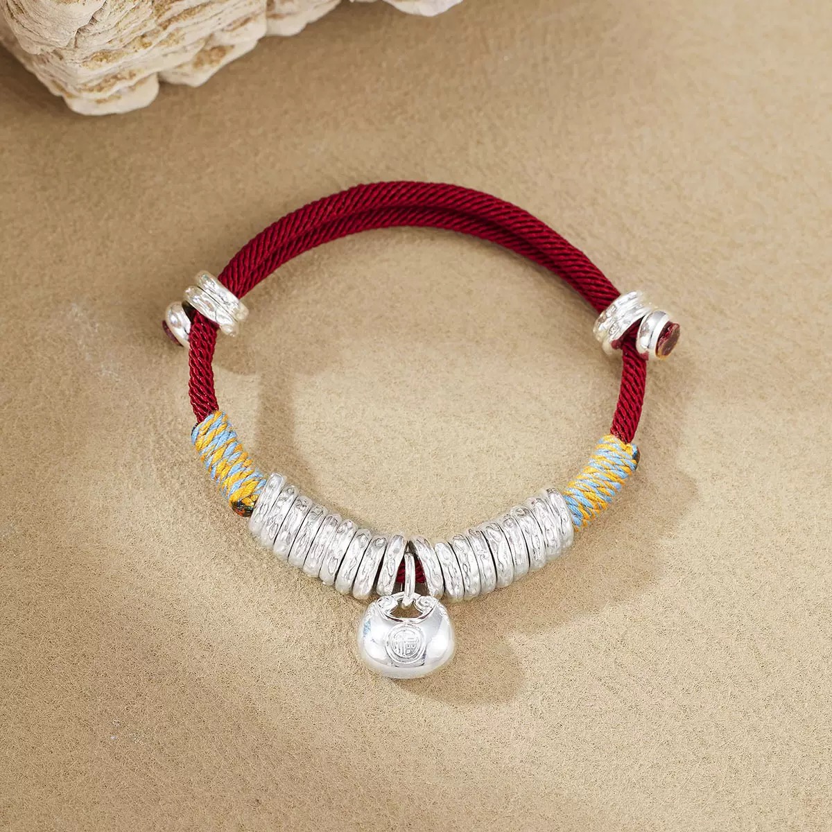 足银布艺手链 小胖福红绳【S-1061】