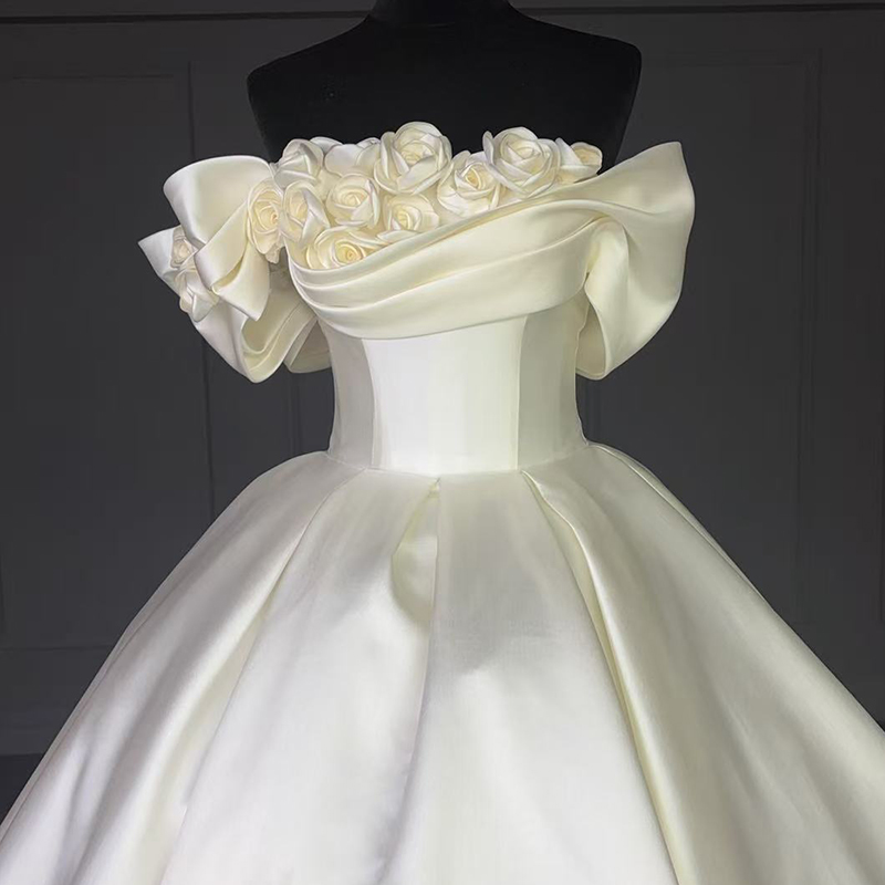 【真爱婚纱-一字肩】一字肩缎面婚纱 仙女甜美公主婚纱 缎面婚纱