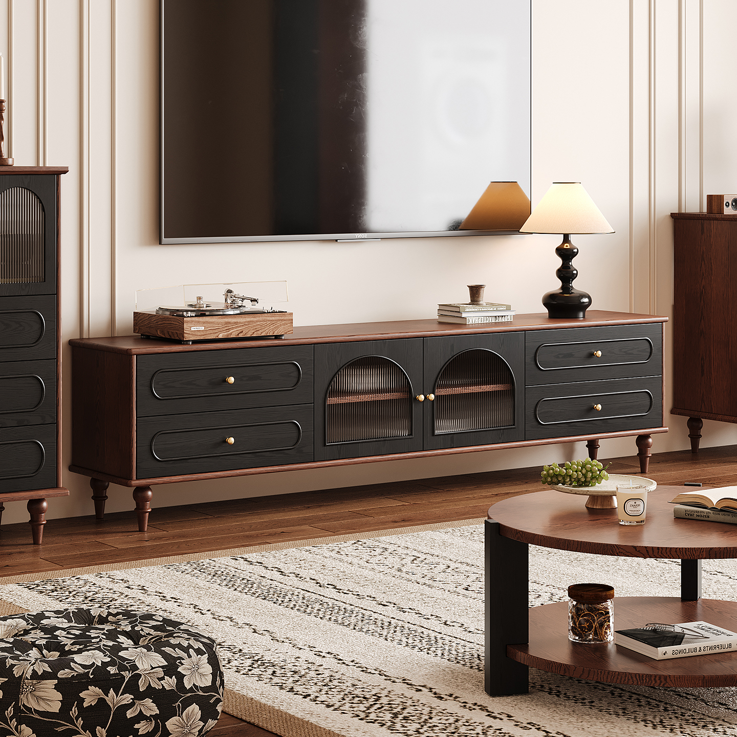 法式复古电视柜客厅落地实木家具中古风茶几组合红橡木收纳储物柜