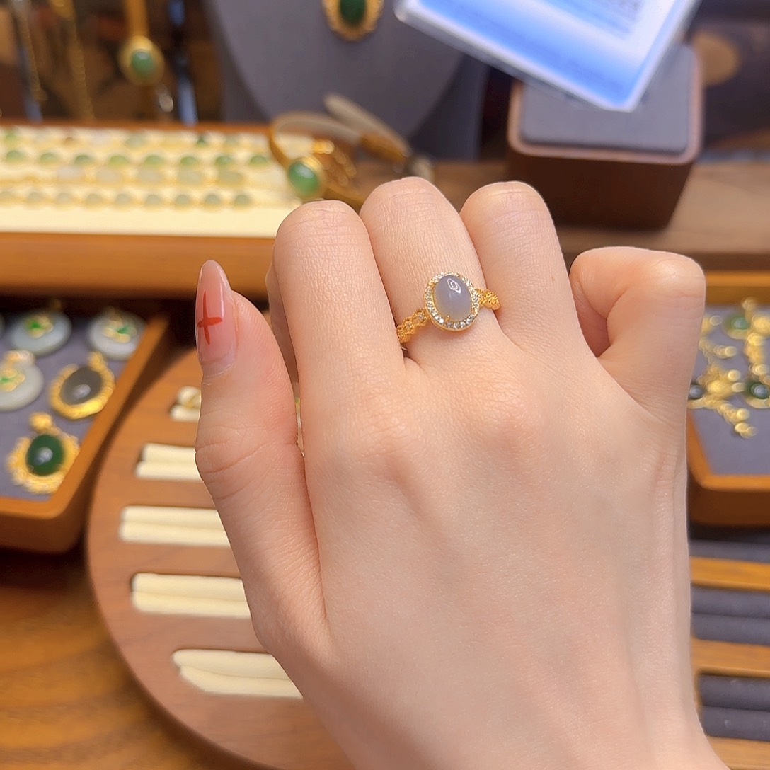 和田玉戒指银S925镀金镶嵌