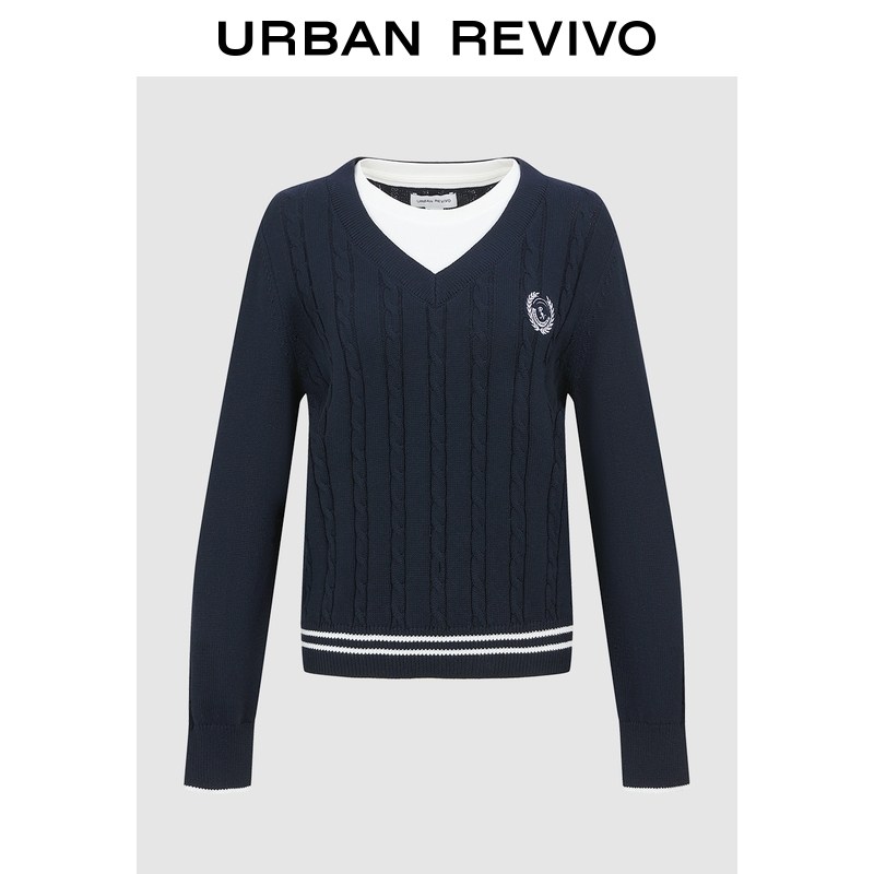 UR2026春季新款女休闲学院风撞色假两件刺绣针织衫UYY960010