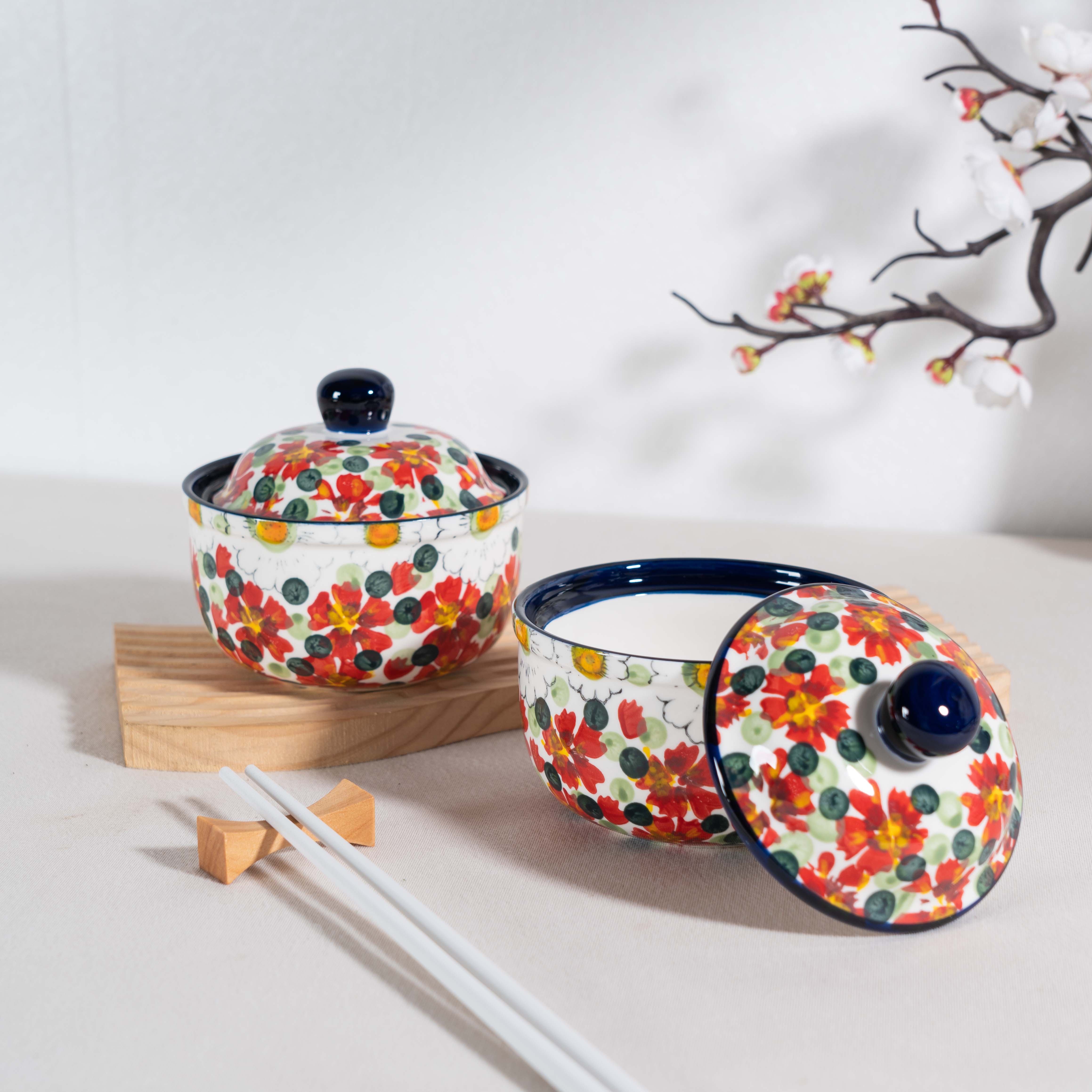  新疆包邮【红色海洋】家用手绘釉下彩欧式陶瓷4.5寸带盖炖盅两个
