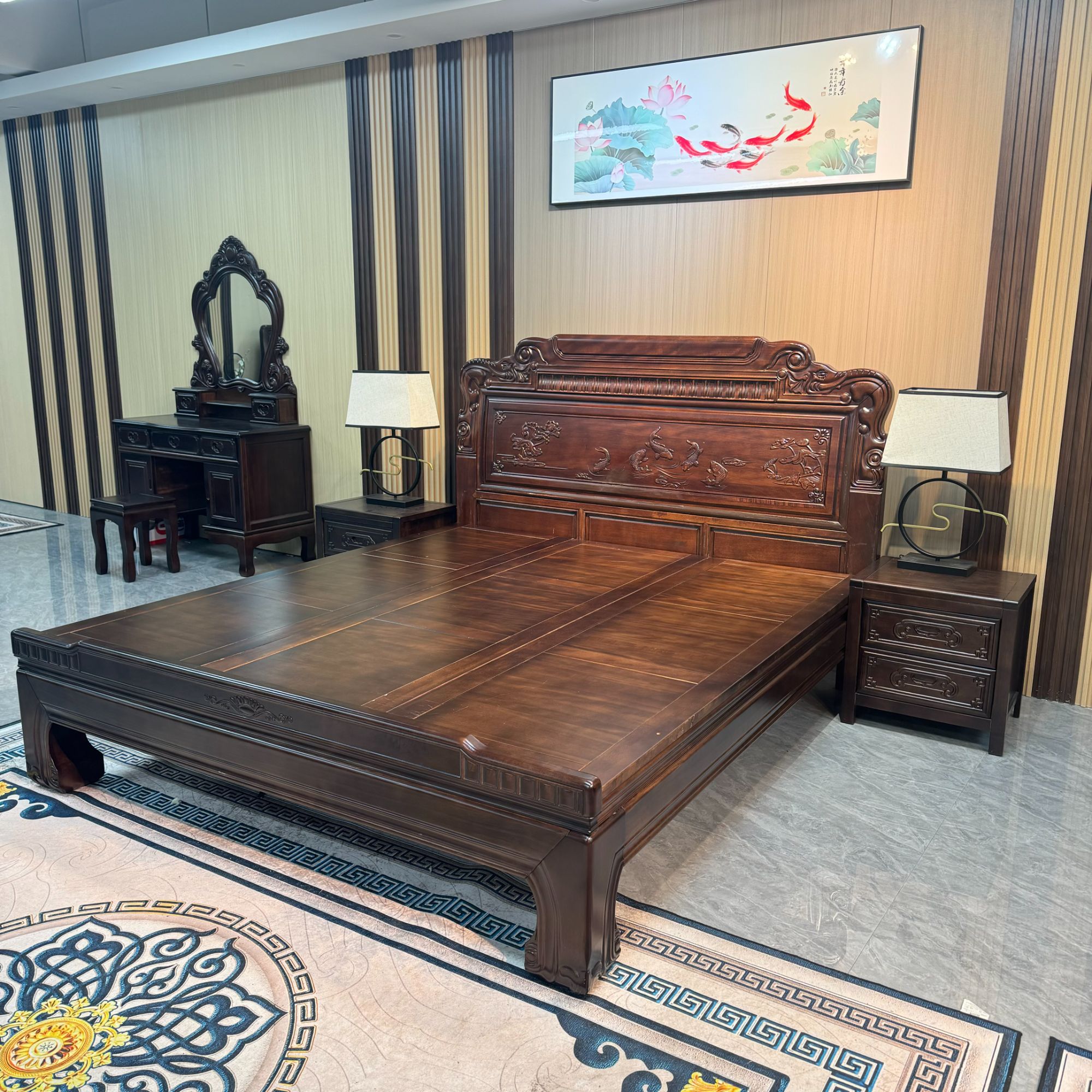 荷塘月色南美檀木实木床1.8米仿古雕花双象主卧家用大床古典家具